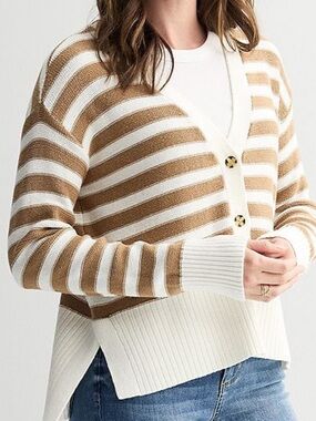 Oversized Striped Cardigan Sweater w Buttons Fisherman Coastal Size Large